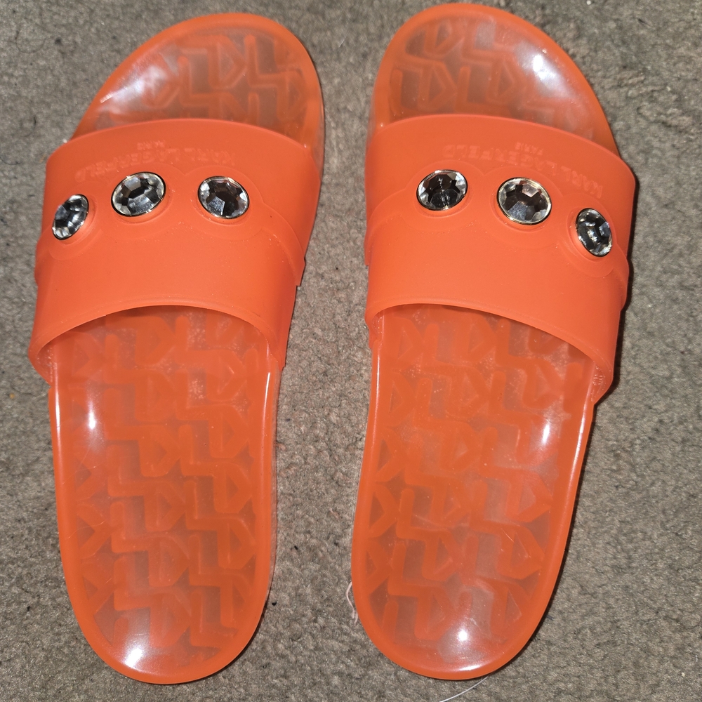 Karl Lagerfeld Orange Slide Slippers with Silver Accents